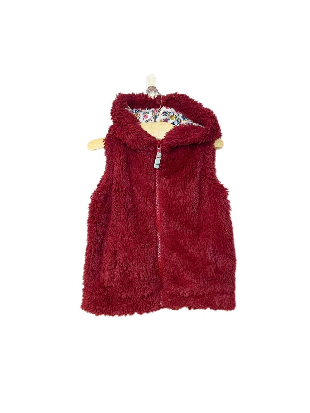Mini Boden 2-3Y Girls Raspberry Fuzzy Hooded Vest with Floral Lining